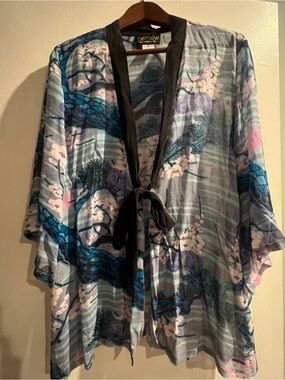 Bob Mackie Blue, Black& Pink Floral Kimono Robe 100% silk - XL